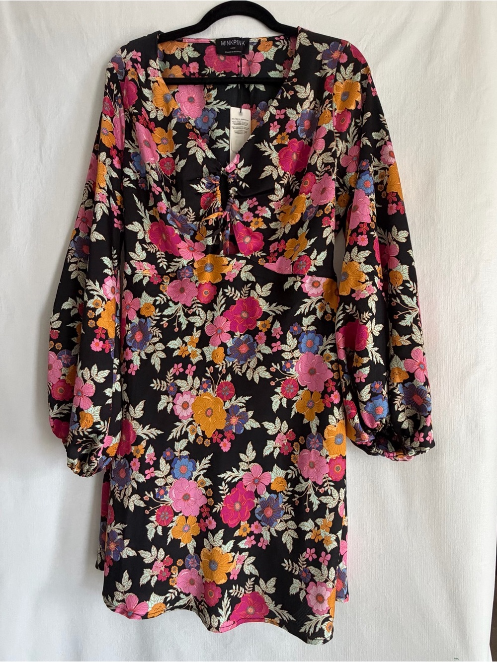 MINKPINK Black Floral Long Sleeve Mini Dress - Pink & Gold Flowers